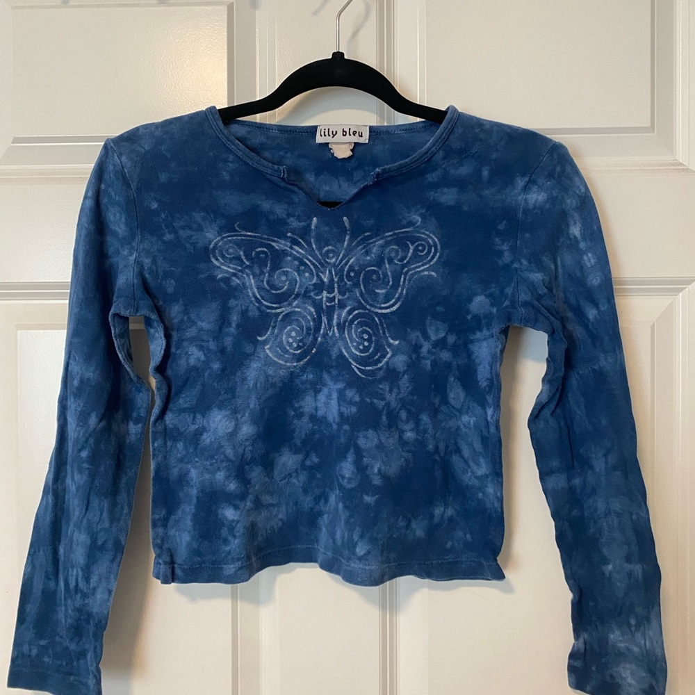 Y2K blue butterfly tie dye cropped top